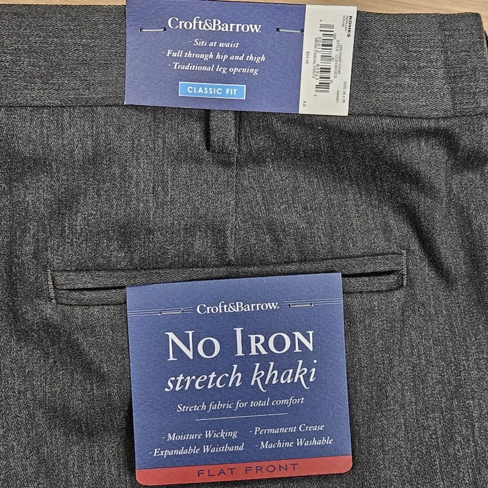 Croft & Barrow No Iron Stretch Khaki Mens 38x29 Charcoal Gray Flat Front NEW